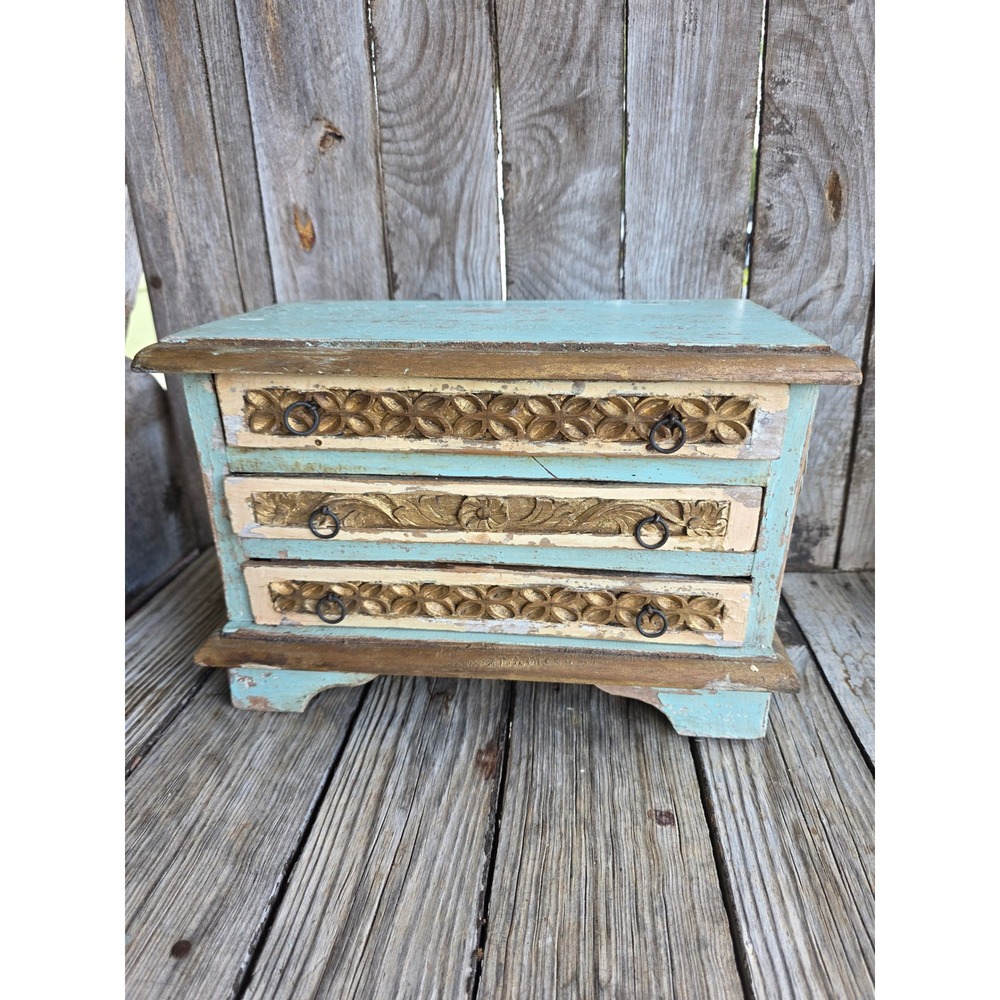 Vintage Rustic Blue Gold Hand Carved Wooden 3 Drawer Jewelry Chest Trinket Box